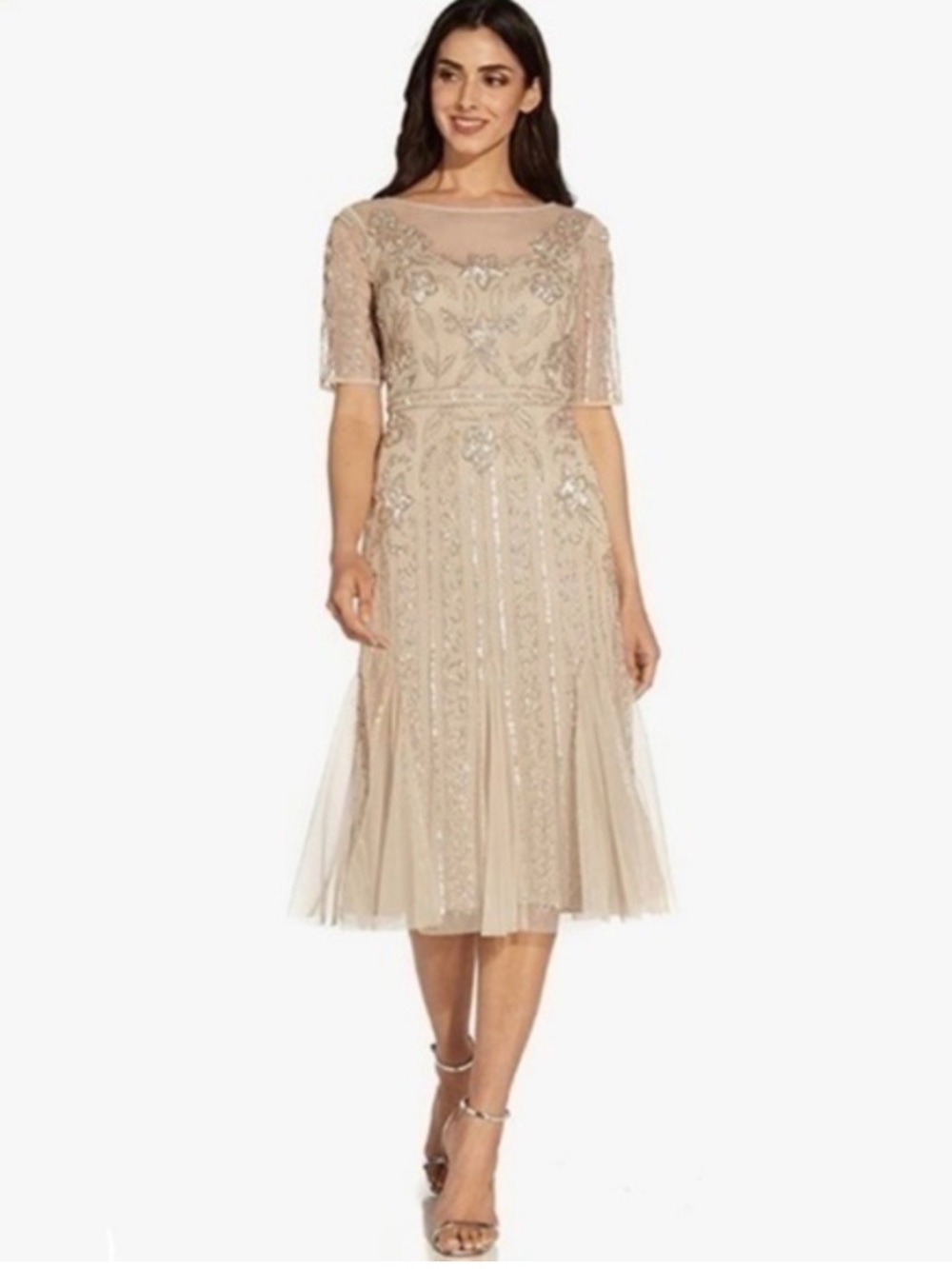NWT Adrianna Papell Beaded Tea Length Dress-Biscotti